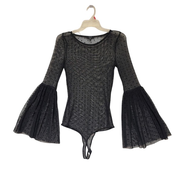 iris Tops - Black Mesh‎ Bodysuit M Polka Dot  Flare Sleeve Whimsygoth Romantic Goth Altcore
